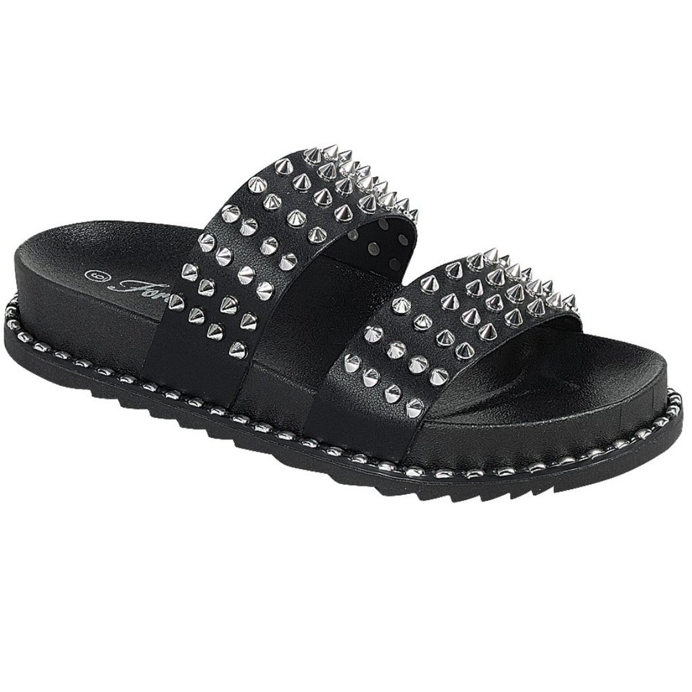 New Black Silver Pointy Studs Comfy Slides Sandals